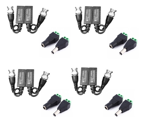 4 Par Video Balun Hd Cctv + 4 Pares De Conectores Corriente 