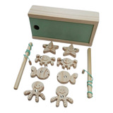 Juego De Pesca Magnetico Caja Madera 2 Cañas Infantil