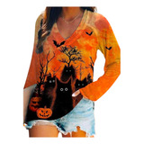 Camiseta De Manga Larga De Estampada De Gato De Halloween