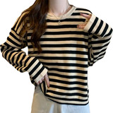 Clashing Stripe Bottom Shirt Women Loose Long Sleeve