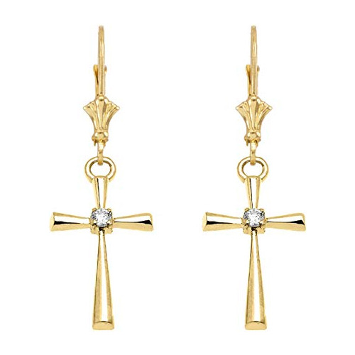 Aretes Oro 14k Solitario Cruz Diamante Certificado