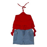 Conjunto Feminino Infantil Cropped Saia Jeans Blogueirinhas