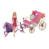 Barbie Original + Carruagem Enorme Real Princesas Rosa