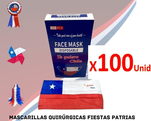 Mascarilla De Chile Desechable 100 Unidades Bandera Chilena 