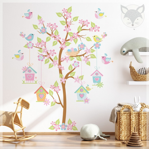 Vinilos Pared Decoracion Infantil Arbol Pajaros Casas Nenas