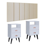 Painel Modular Box Casal 1,4 Kit Mesa Cabeceira Gaveta Nicho Cor Areia Suede | Branco