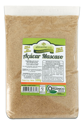 Açúcar Mascavo Não Refinado Orgânico Alimentar 500 G