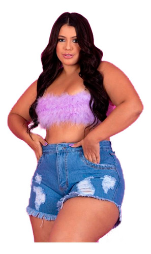 Short Jeans Plus Size Feminino Botão Encapado Barra Desfiada