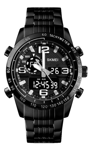 Reloj Hombre Skmei 1453 Acero Alarma Cronometro Elegante Color De La Malla Negro Color Del Bisel Negro Color Del Fondo Negro
