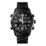 Reloj Hombre Skmei 1453 Acero Alarma Cronometro Elegante Color De La Malla Negro Color Del Bisel Negro Color Del Fondo Negro