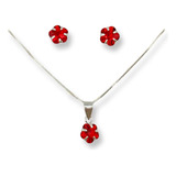 Conjunto Collar Aros Colgante Flor Circon Rojo Plata Ley 925