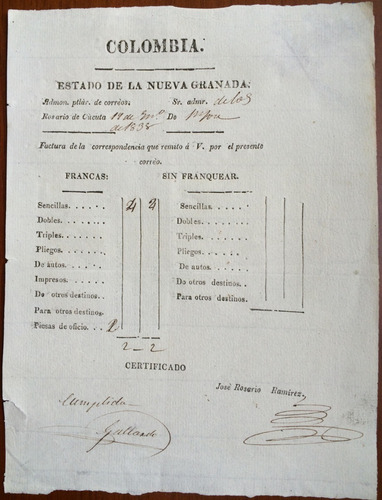 Cúcuta Nueva Granada Factura Antigua De Correos Enero 1838