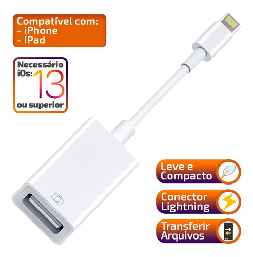 Cabo Otg Lightning Compatível iPhone Pendrive Mouse Teclado