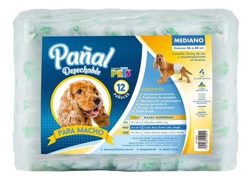 Pañales Especial Perro Macho Mediano 46-60cm 12pzas Hushpet