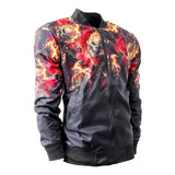 Chamarra Bomber Calaca Flama Color Negro