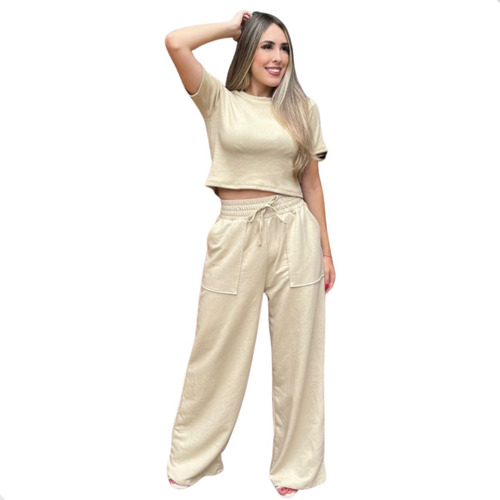 Conjunto Abrigo Cropped Moletom Casual Pantalona Bolso 