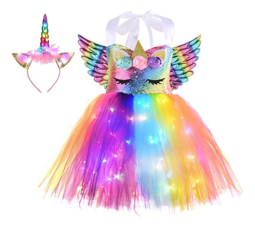 Vestido De Unicornio Led #3pcs For Niñas Con Luz Arcoíris .