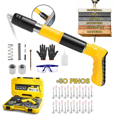 Pistola Finca Pino Fixação Ação Direta + 50 Pinos Grampos Epi Maleta Pinador Pregador Grampeador Rebitador De Pregos Pressão Manual Ferramenta Para Drywal Gesso Concreto Aço Parede Indue Variedades | Parcelamento sem juros