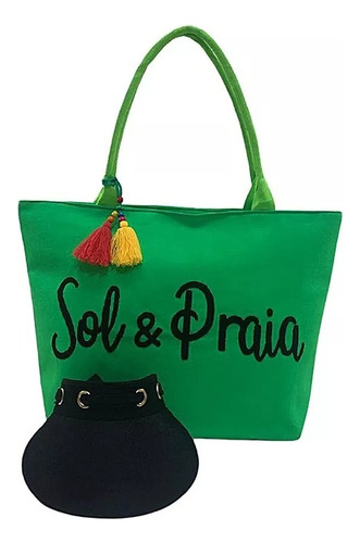 Kit Bolsa De Praia De Palha Verde E Viseira Laço Preto