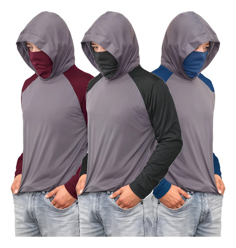 Playera Manga Larga Calada Combo 3 Pzs Te Delgada Con Gorro