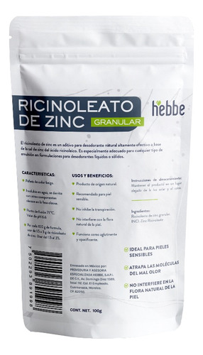 Ricinoleato De Zinc 100% Puro (desodorante Sólido) 100 G Fragancia Neutra