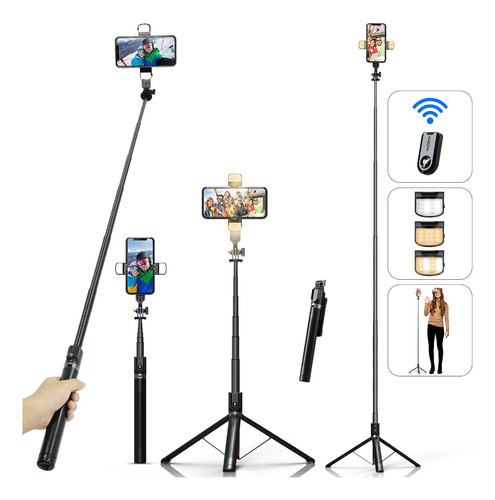 Palo Selfie Para Teléfono Trípode Con Luz De Relleno 177cm