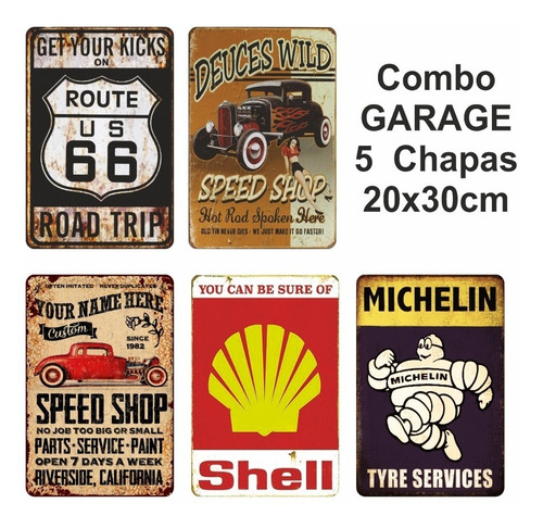 Combo Carteles Vintage Garage - 20x30cm X 5 Unid 