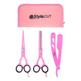 Set @style.cut Rosa Tijera Corte + Pulir+ Navajin + Estuche 