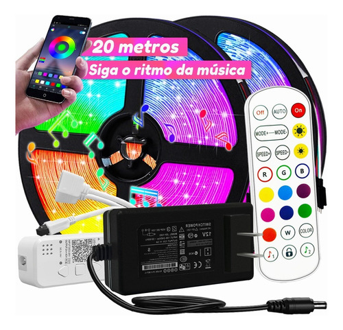 Fita Led Rgb Música Bluetooth Com Controle 20m