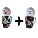 Dúo Tazas Minnie & Mickey Mouse Con Tapa Cerámica 385 Ml