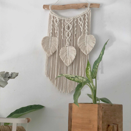 Tapiz Macramé Mediano 30x60cm Hojas Plumas Home Deco