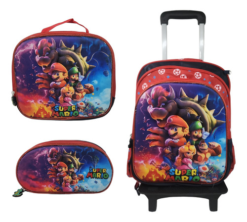 Mochila Escolar Con Ruedas De Mario Bros Con Set Para Niños