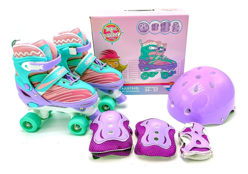 Patins Roller Infantil Kit Proteção Menina Rosa 34 35 36 37
