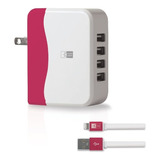 Cargador Casa 4 Ptos Cable Lightning Rosa Con Blanco