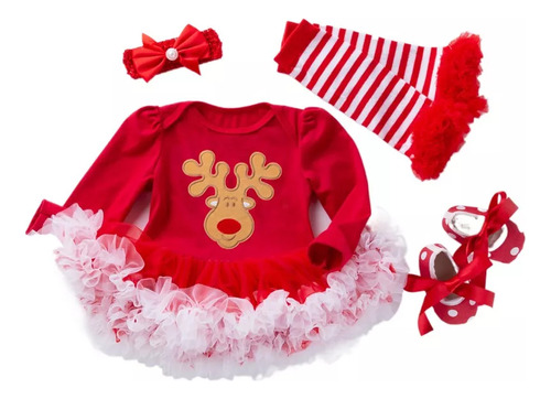 Vestido De Mameluco Navideño Para Niña Con Diadema, Traje De