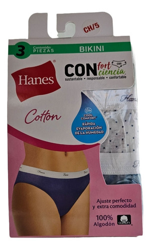 Hanes Bikini Algodon Pack 3 Piezas Colores Y Diseños Surtido