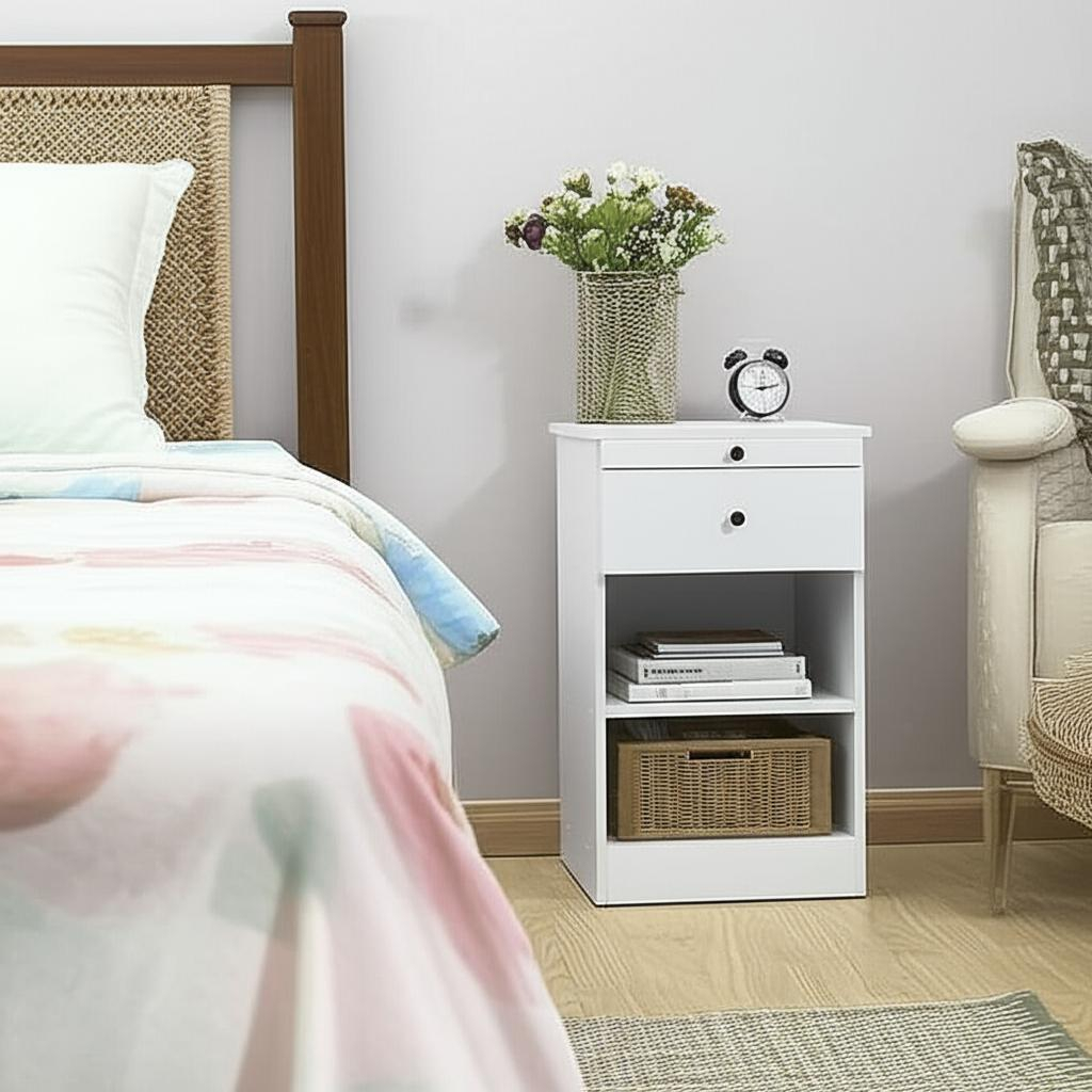 MESA DE LUZ  DE MELAMINA CON DESAYUNADOR BLANCO