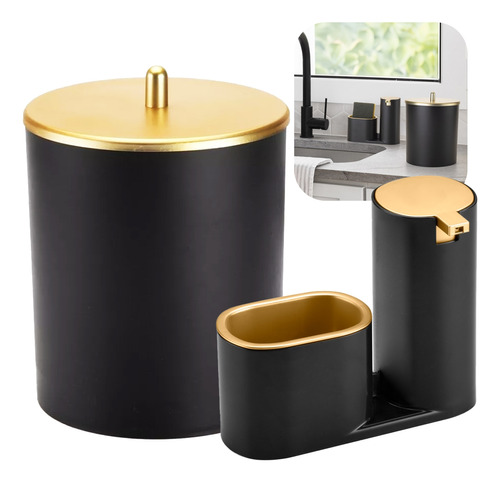 Conjunto Lixeira E Dispenser Banheiro Pia Luxo Dourado Arthi