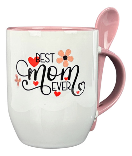 Taza Rosa Best Mom Ever Mama Regalo Madre Con Cuchara