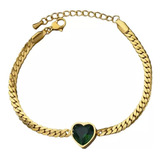 Pulseira Coração Pedra Verde Feminina - Banhada A Ouro 18k