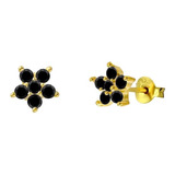 Aretes De Plata 925 Oro 18k Flor De Zirconias Negras Mujer