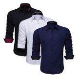 Kit 3 Camisas Social Masculina Slim Blusa Longa Atacado Lisa