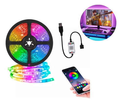 Tira Luz Led Rgb 5050 5m Con Bluetooth Con Usb Tv Gamer