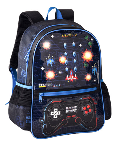 Mochila De Costa Infantil Video Game Start Com Luz Alça Regulavel Clio Azul Escuro