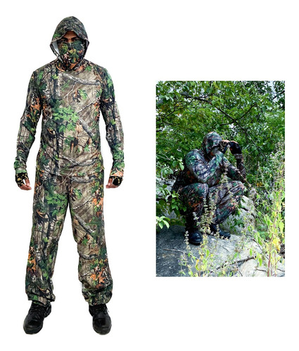 Roupa Camuflada Completa (calça + Camisa Com Capuz +bandana)