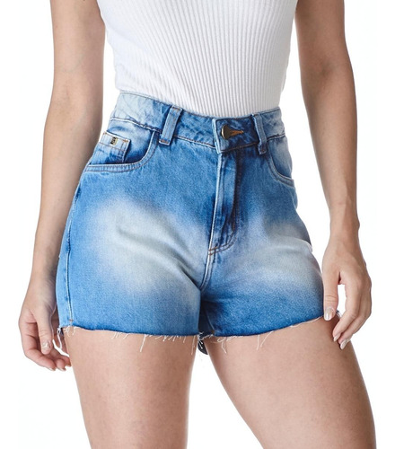 Short Jeans Feminino Barra Desfiada Cintura Alta Com Lycra