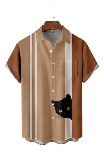 Camisa Hawaiana Unisex De Color Caqui Con Diseño De Gato, Ca