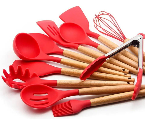 Kit 12 Utensílios De Cozinha De Silicone E Cabo De Madeira