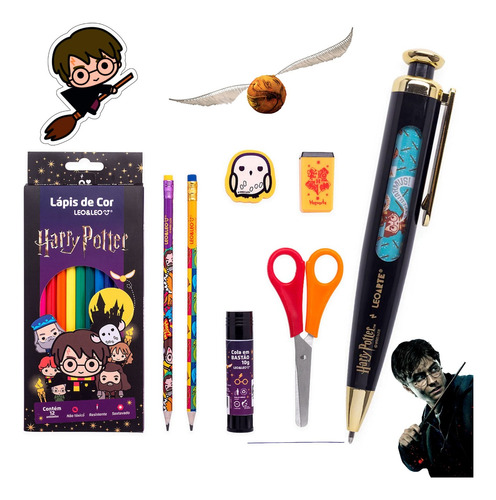 Kit Escolar Harry Potter Lapis De Cor + Caneta Mágica