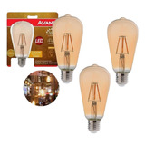 Kit 3 Lampada Led Retrô Filamento St64 Pêra 4w Cor Da Luz Âmbar 2200k E27 Bivolt Vintage Avant